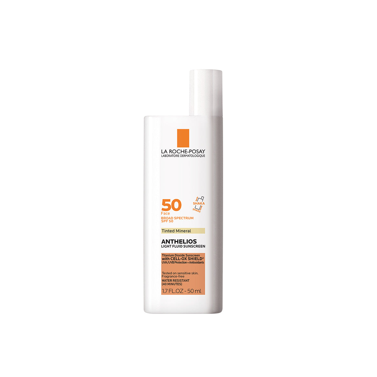 La Roche-Posay 50 Face Broad Spectrum SPF 50 Tinted Mineral Anthelios Light Fluid Sunscreen Front view stock image